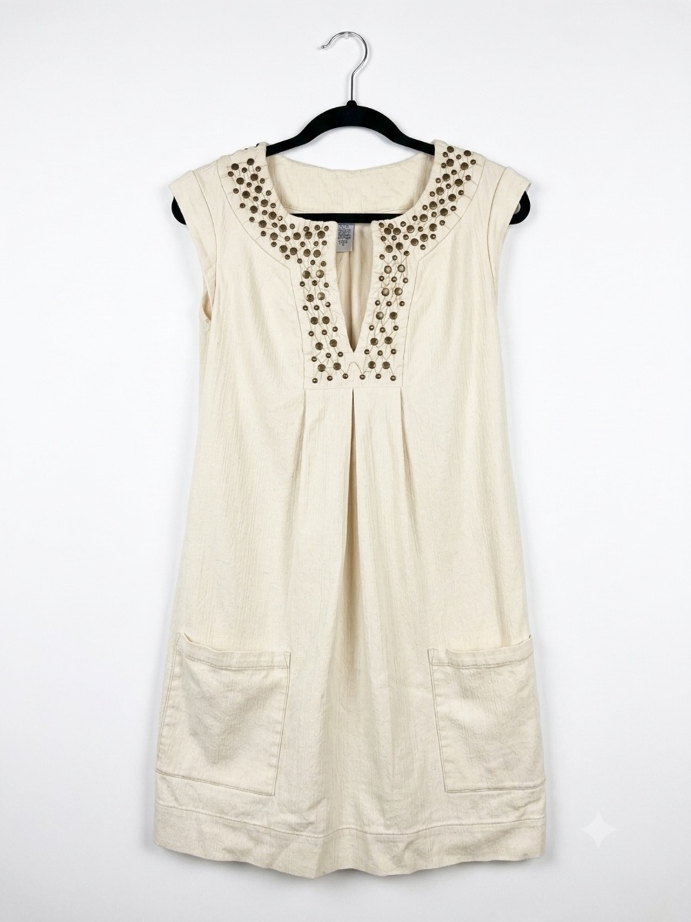 Diane von Furstenberg Cream Studded Split-Neck Shift Dress - Size 8